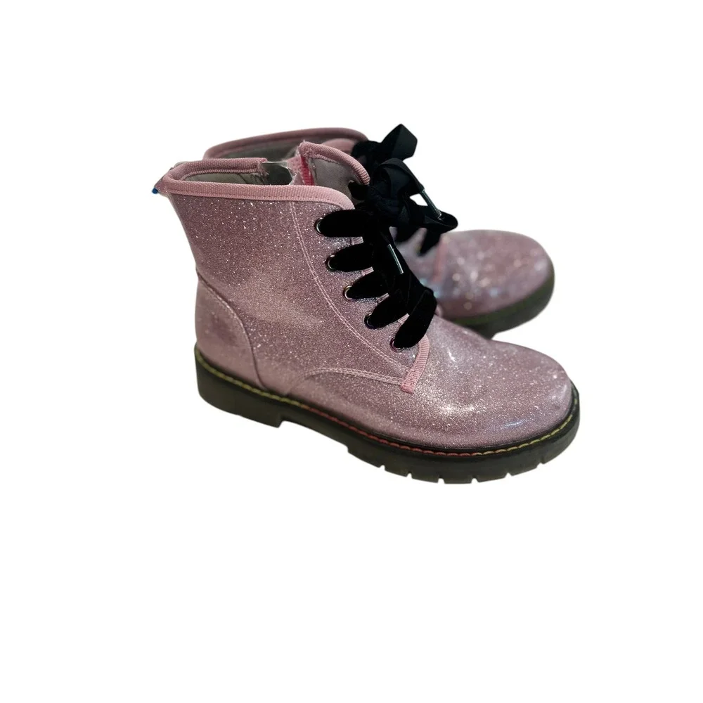 Dream Pairs Kids Pink Glitter Combat Boots Velvet Laces Side Zip Size 3